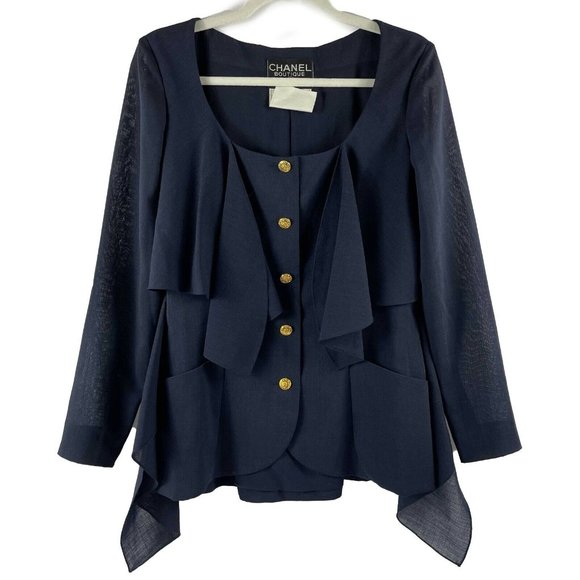 CHANEL - Wool Suit Cascade Jacket and Skirt - CC Buttons - Navy / Gold 36 US 6 - Picture 4 of 13